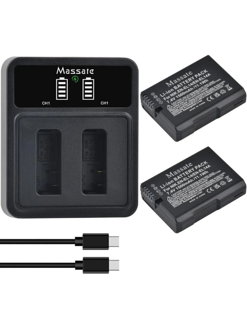 2-Pack 1500mAh Rechargeable Batteries & Dual-Slot LED Charger for Cameras